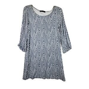 Womens Medium Geometric Tunic Top Blue White USA Stretch Boho Office Travel